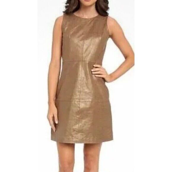 Badgley Mischka "Belle" Sleeveless brown Gold Genuine Leather Dress Sz 4 Small A - Picture 1 of 9